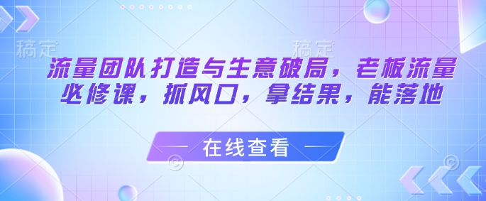 【9446期】流量团队打造与生意破局，老板流量必修课，抓风口，拿结果，能落地