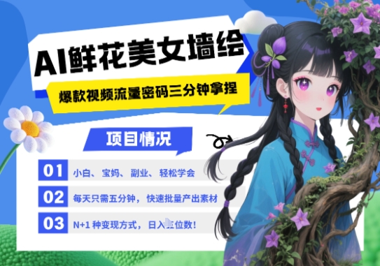 【9451期】AI+墙绘+美女+鲜花，2025最火流量密码，小白三分钟学会，N种变现渠道，月入五位数