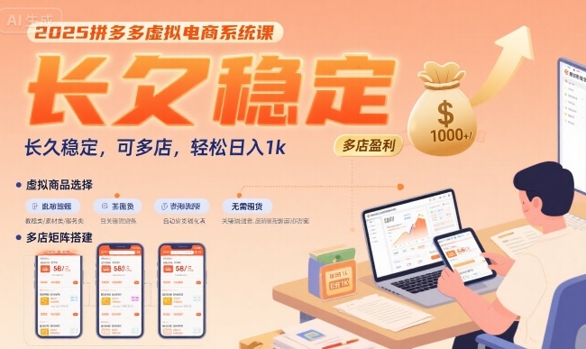 【9599期】 2025拼多多虚拟电商系统课，长久稳定，可多店，轻松日入1k