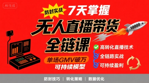 【9606期】无人直播带货全链防封实战课，7天掌握高转化直播技术，实现单场GMV破万可持续模型