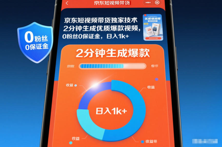 【9660期】京东短视频带货独家技术，2分钟生成一条优质爆款视频，0粉丝0保证金，日入1k+