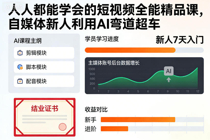 【9667期】人人都能学会的短视频全能精品课，自媒体新人利用AI弯道超车